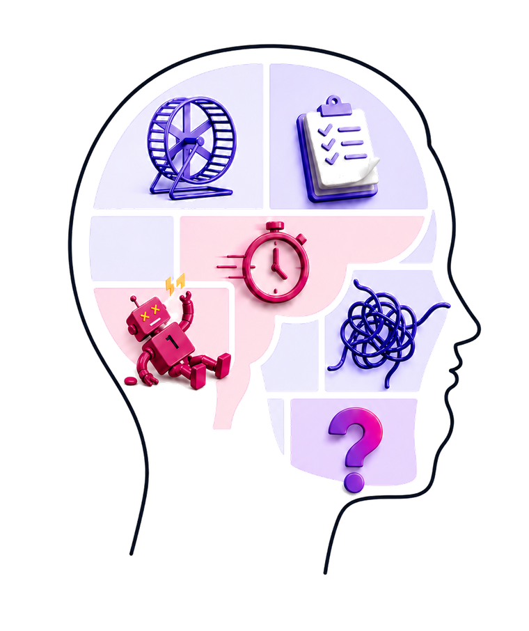 Illustration of a head containing six symbols: a wheel, a clipboard, a stopwatch, a broken robot, a tangled knot and a question mark